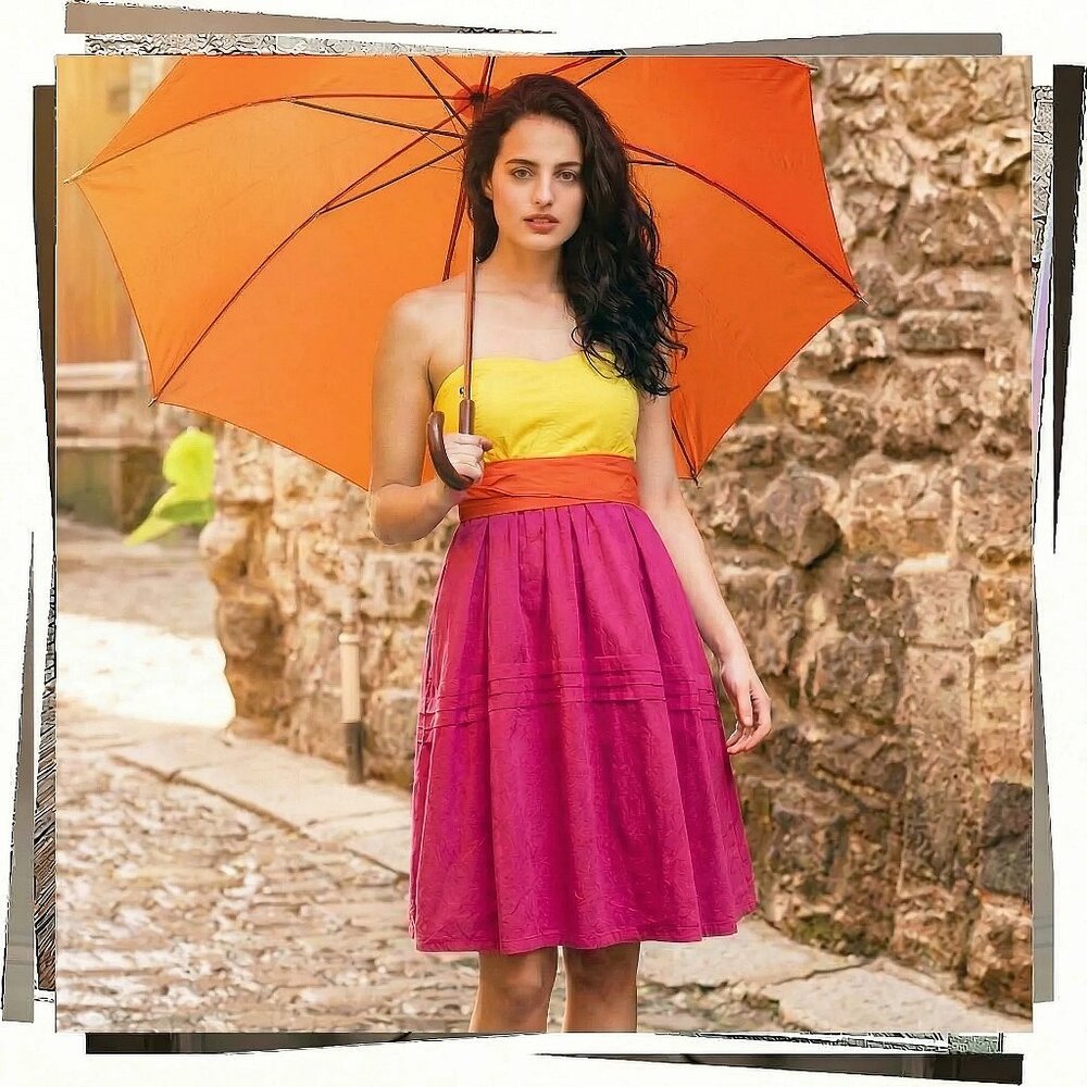 Vintage 2010 Yellow, Orange & Pink Color Block Fit And Flare Strapless Dress (2)